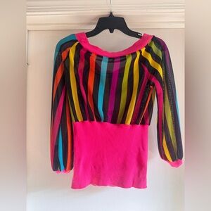 80s Vintage Vibrant Striped Blouse with Pink Accents